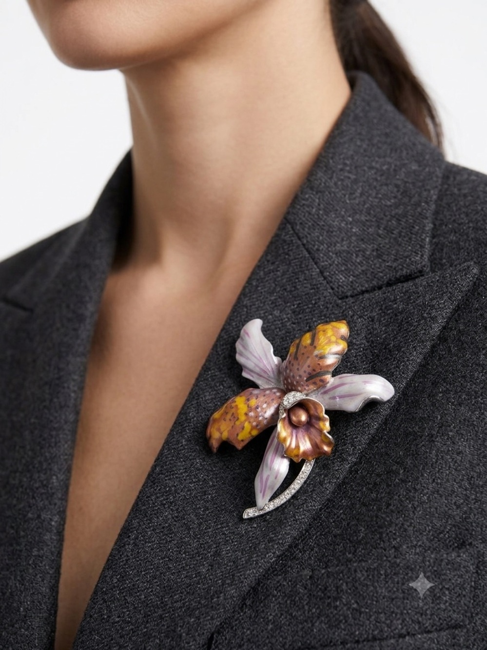 Elegant Orchid Floral Brooch in Purple and Gold